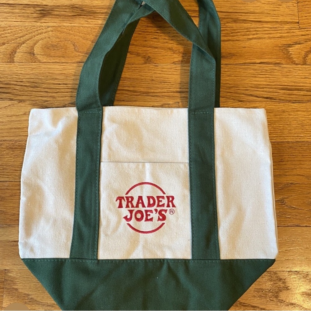 Trader Joe's Canvas Mini Tote Bag in Cream and Dark Green